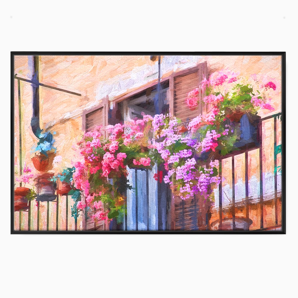 Tablou canvas cu pictura cu balcon plin de flori roz, in rama de aluminiu negru